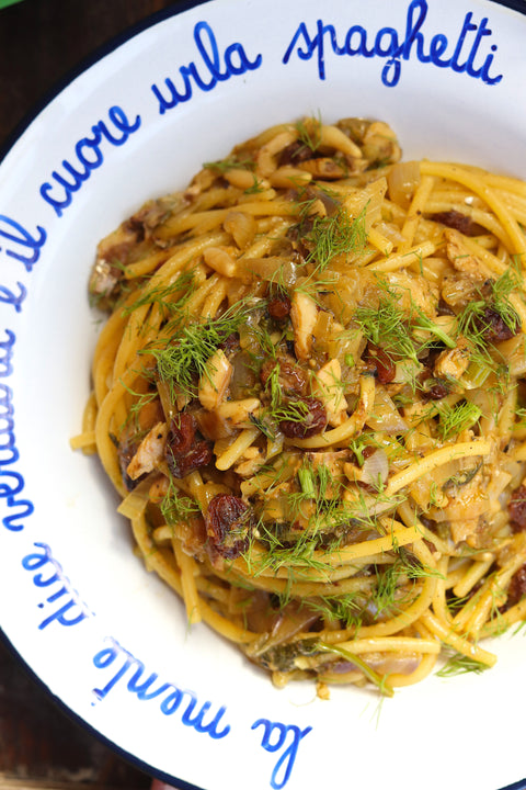 Spaghettoni with Lemon Sardines, Raisins, and Pine Nuts